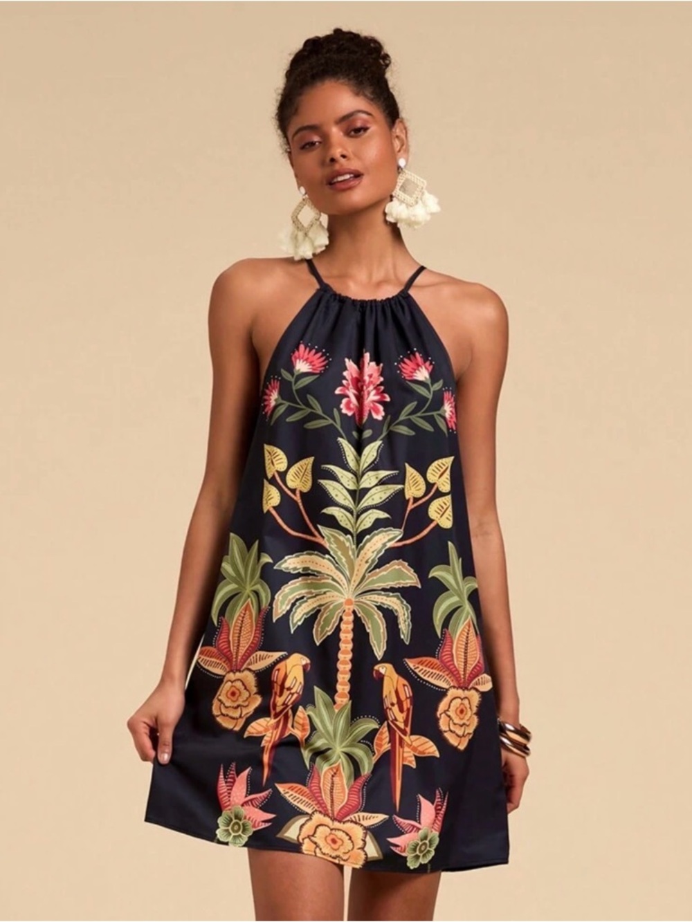SHEIN Navy Halter Mini Dress with Multicolor Tropical Print